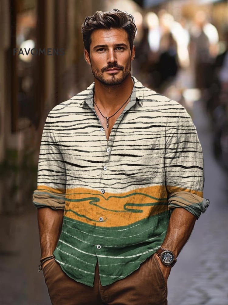 Vintage Lines Stripes Irregular Abstract Art Print 100% Cotton Long Sleeve Shirt Multicolor / S