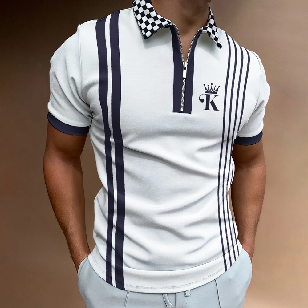 Men's Casual Crown K Checkerboard Graphic Print Color Matching Short Sleeve Zipper Polo Shirt