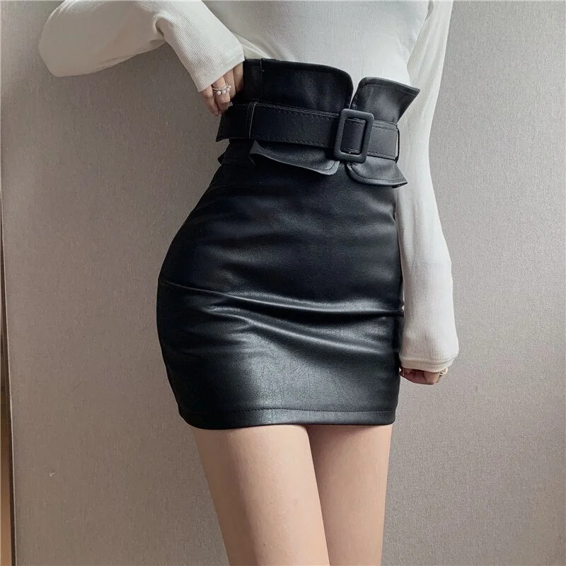 QoerliN Washed PU Leather Skirt Korean Slim High Waist Shorts Skirt Female Belt Mini Skirts Safety Liner Shorts Skirts Hot Girls