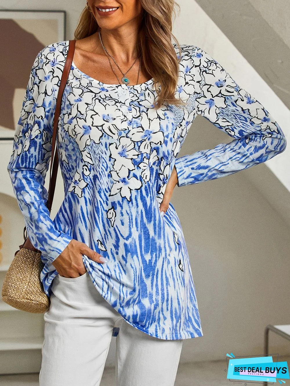 Blue Floral Printed Buttoned Shift Long Sleeve Casual Tunic Top