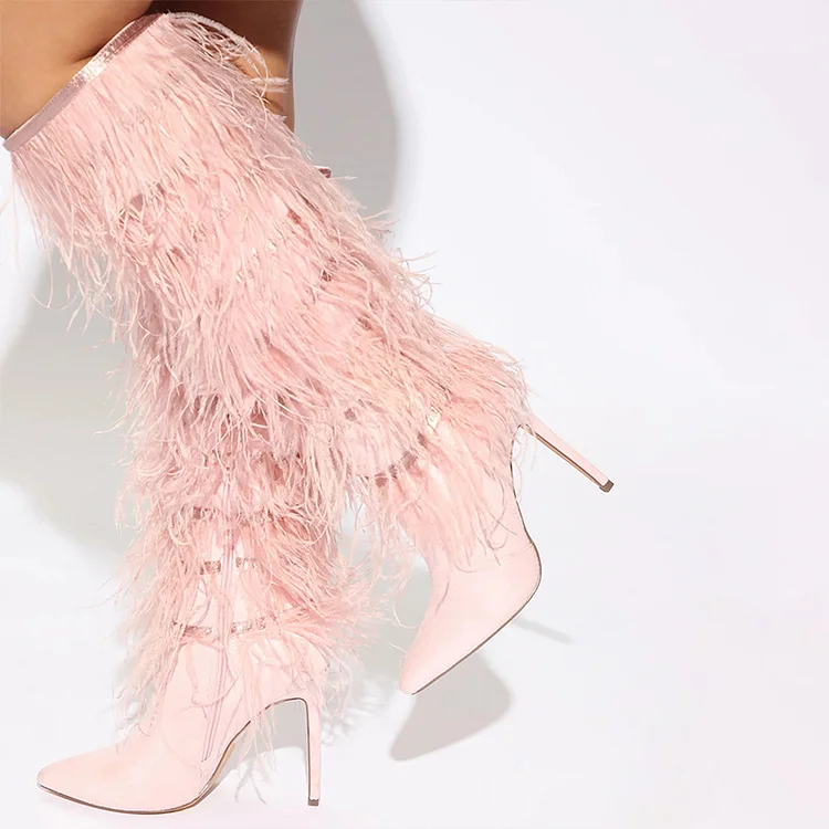 Pink Pointed Toe Fashion Fringe Knee High Boots with Stiletto Heel |FSJ Shoes