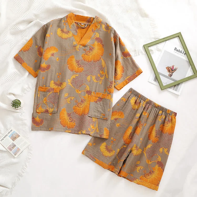 Cotton Gauze V-neck Retro Summer Pajama Set Radinnoo.com