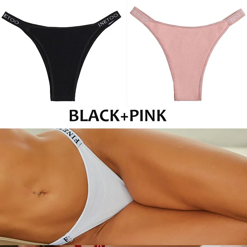 FINETOO 2PCS/Set Women's Cotton G-string Sexy Cross Strap Panties Letter Waisted Underwear Thongs Femme Hollow Out Lady Briefs