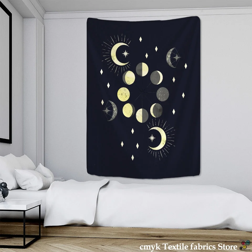 Vintage Moon Phase Tapestry Wall Hanging Moonlight Green Olive Leaf Bohemian Style Hippie Dormitory Home Decor
