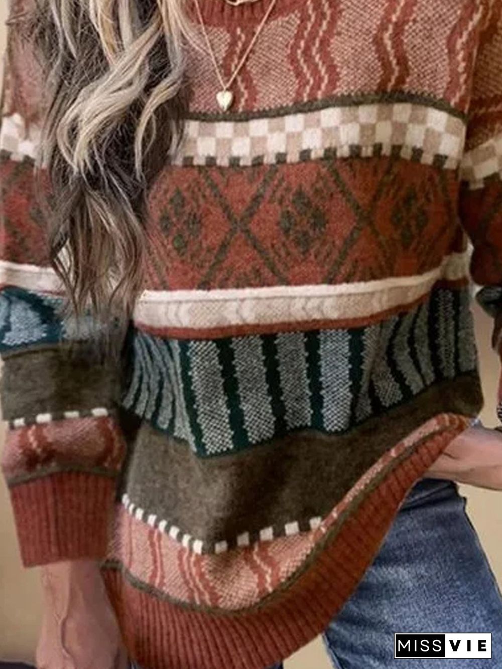 Women Vintage Autumn Printed High Elasticity Plus Size Long sleeve Crew Neck Cotton-Blend Sweater