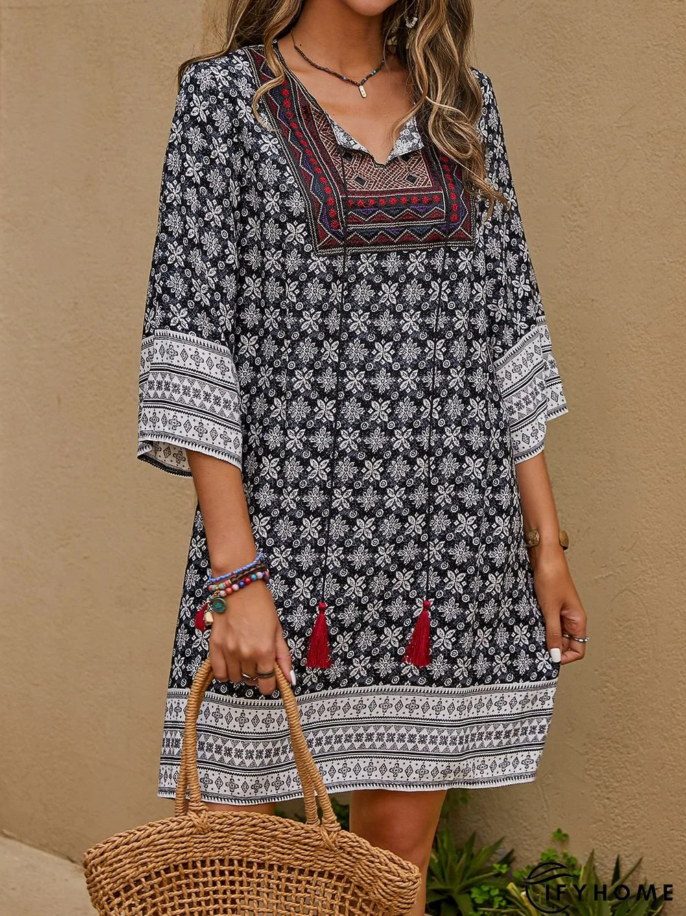 Half Sleeve Floral-Print Weaving Dress | IFYHOME