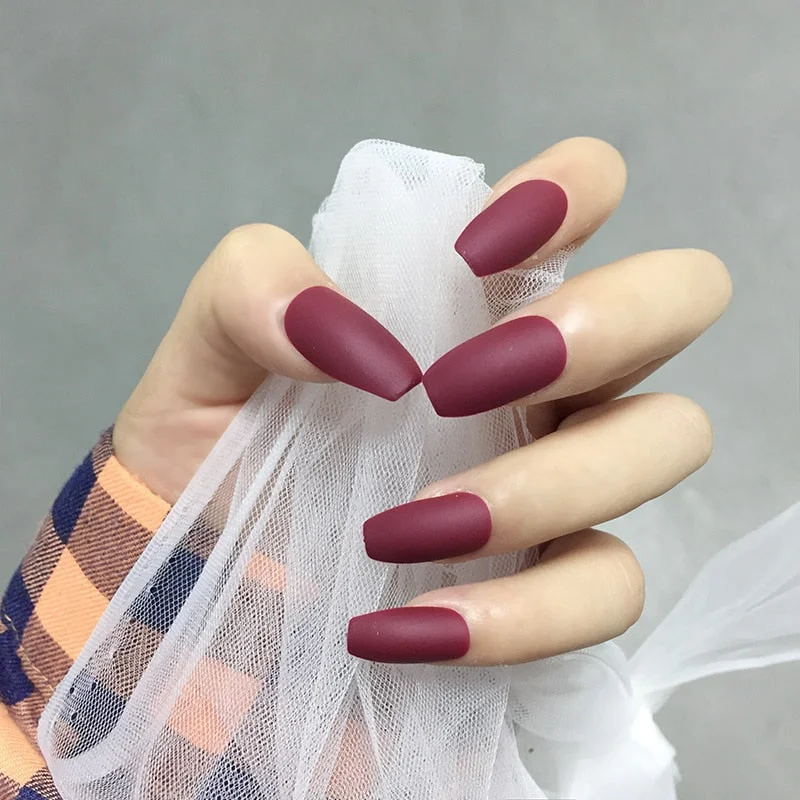 24Pcs Europe and the United State Beam ballerina fake press on nails Long Round Head Khaki matt fake nails with glue for girls-Nail Inspo