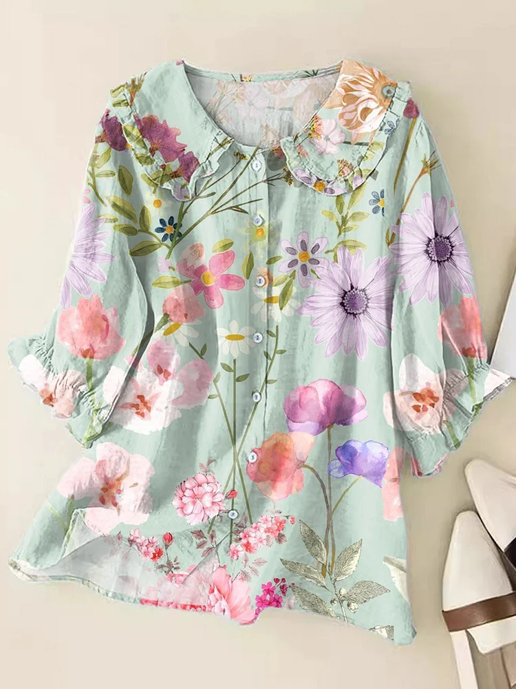 Women's  Fresh Floral Art Print Loose Top Peter Pan Collar Half Sleeve Blouses