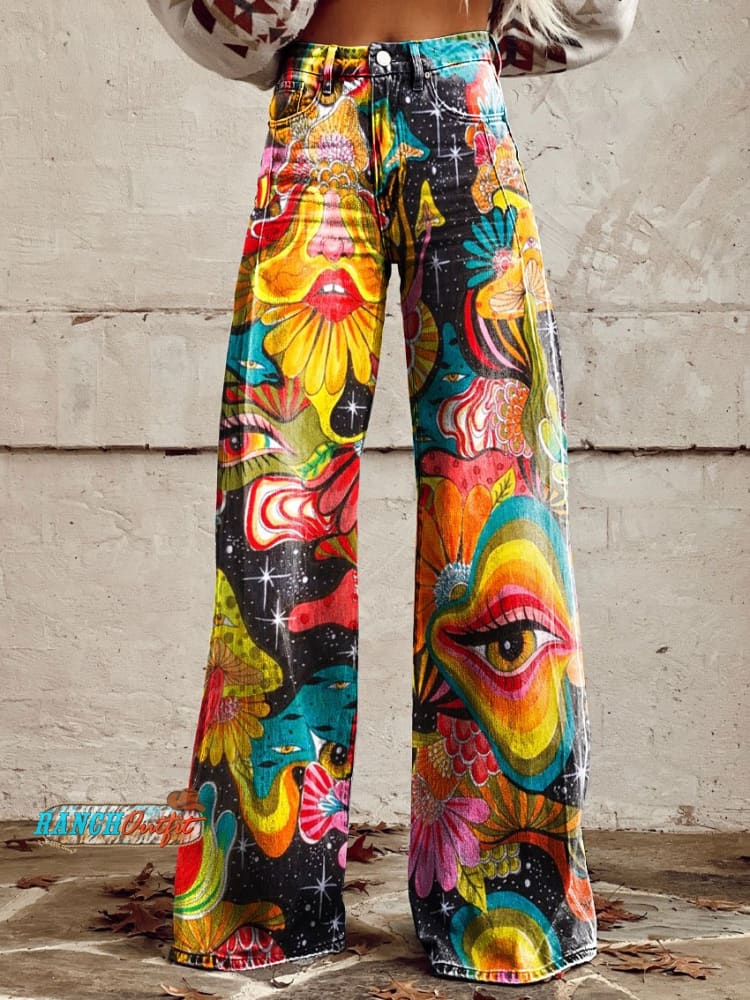 Women’s Vintage Hippie Floral Rainbow Art Print Casual Wide Leg Pants Multicolor / Xs