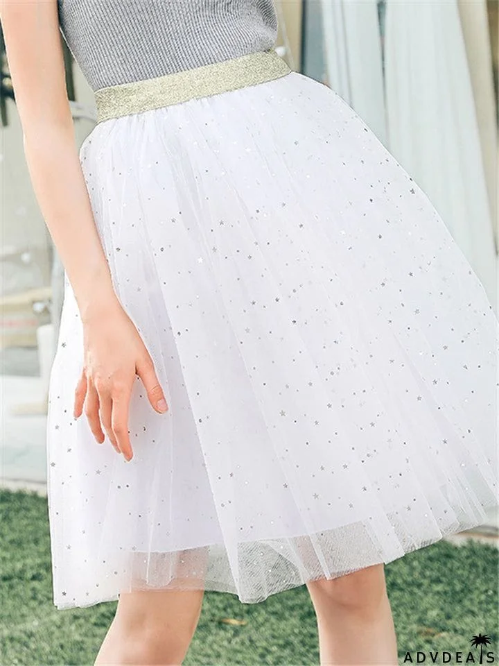 Casual Pretty Knee-Length One Size Tulle Skirts With Decorated Little Stars