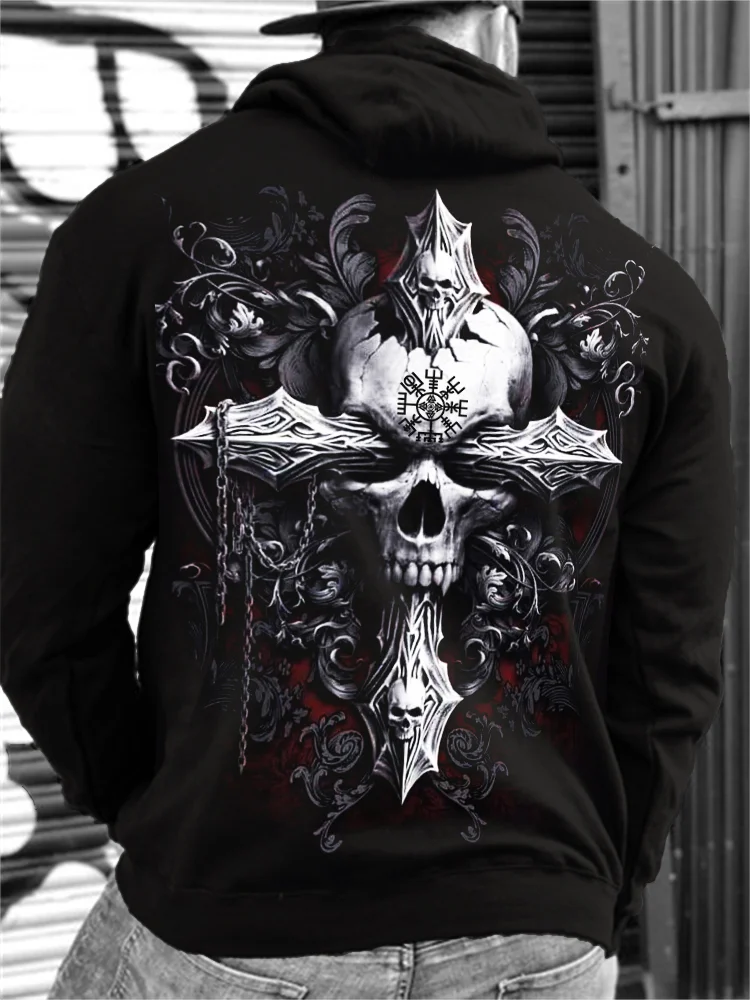 Broswear Men's Viking Vegvisir Skull Cross Vintage Graphic Hoodie