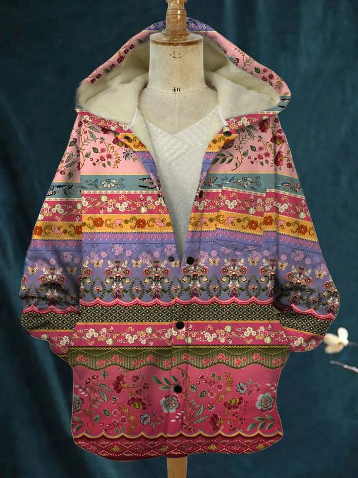 Retro Flower Print Waffle Plush Thick Long-Sleeved Hooded Coat