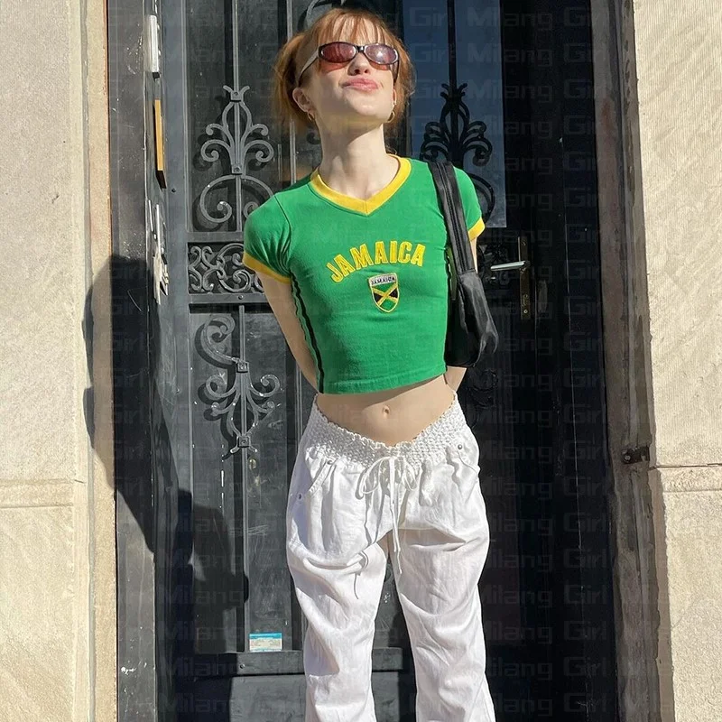 Uveng 2024 Summer Summer Short-Sleeved T-Shirt Y2K Round Collar Clothing Bottom Women's Clothing