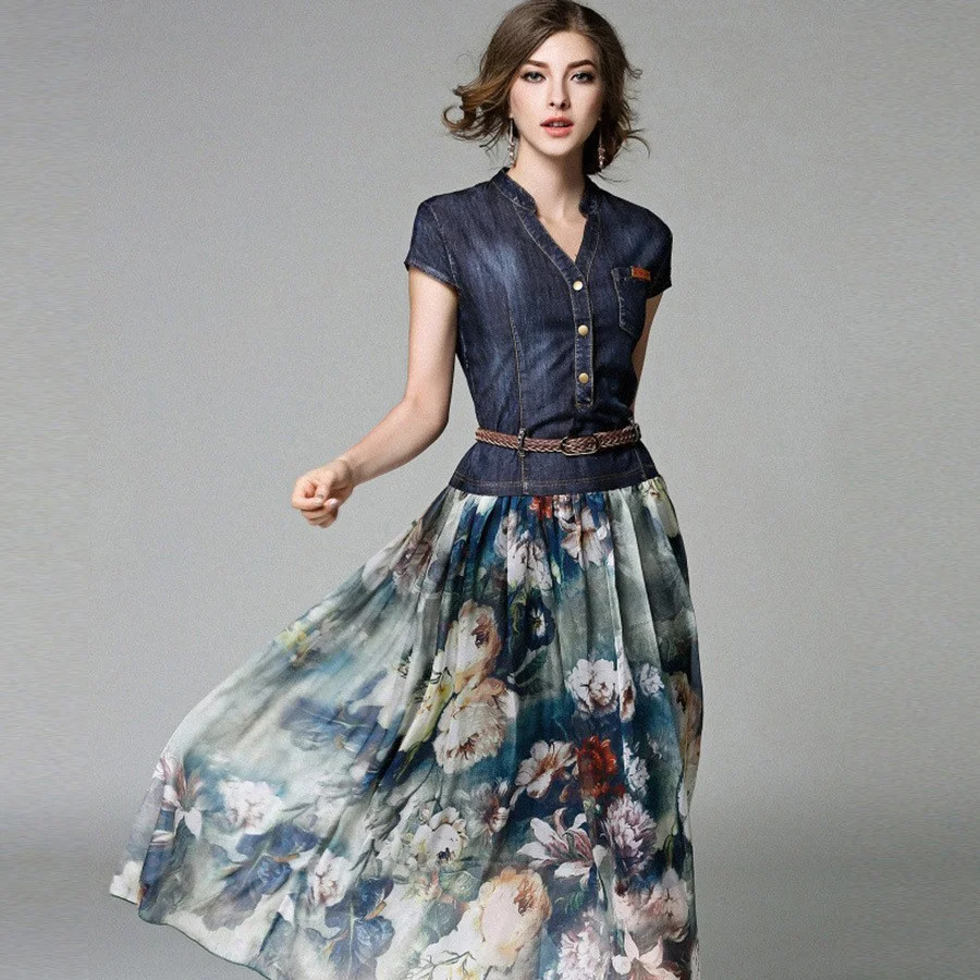 Brownm Brownm Summer New Women's Temperament Fashion Denim Dress Sleeveless Splicing Print Mid-Long Dress