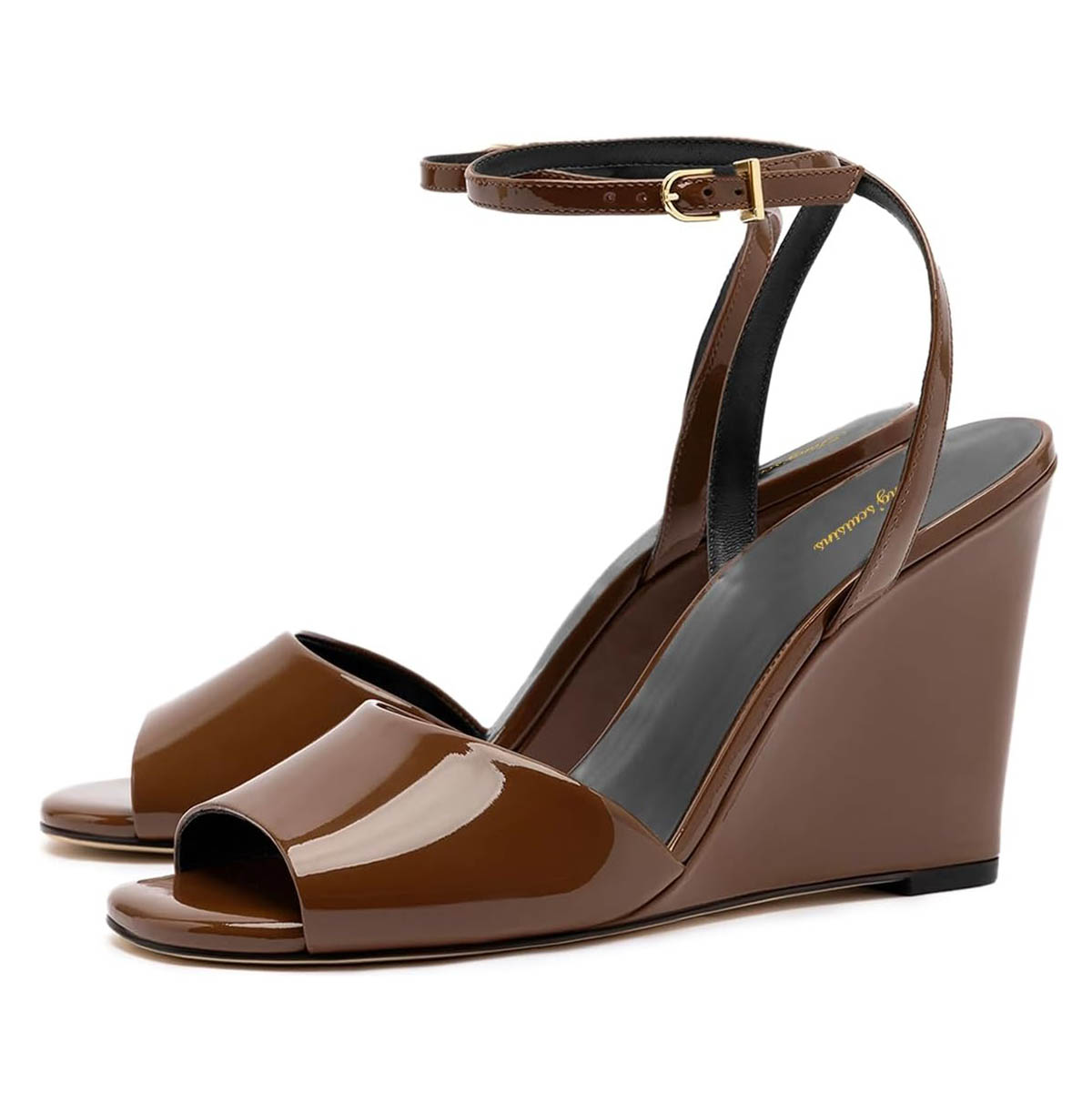 Brown Round Toe High Heel Ankle Strap Buckle Wedge Sandals for Women Nicepairs