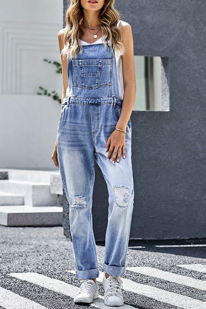 Denim Hole Distressed Casual Overall