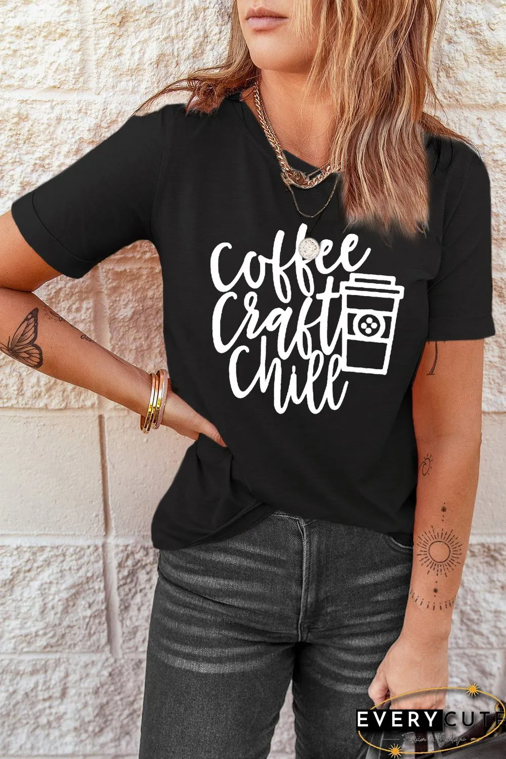Black Solid Color Printed Rolled Sleeves T-shirt