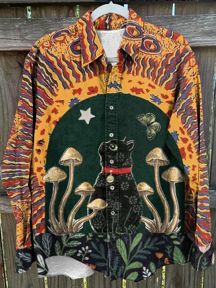 Vintage Western Black Cat Print  Linen Blend Long Sleeve Shirt