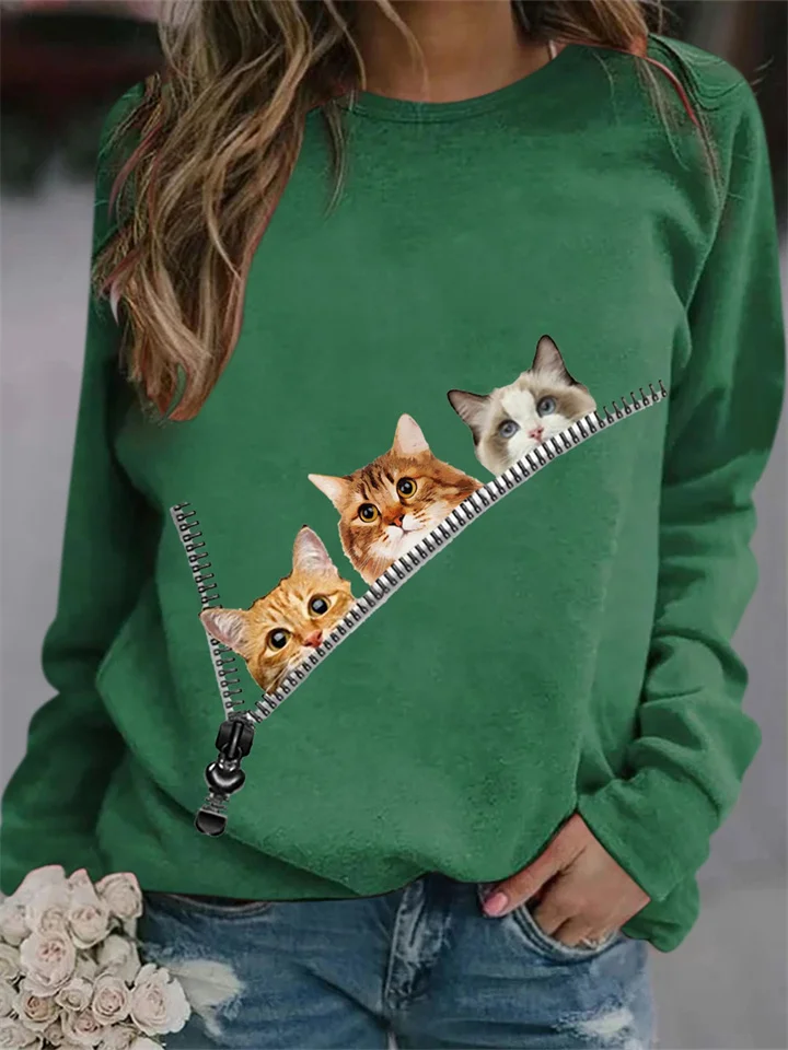Creative 3d Printing Three Cats Cartoon Summer New Women's Round Neck Sweater-Cosfine