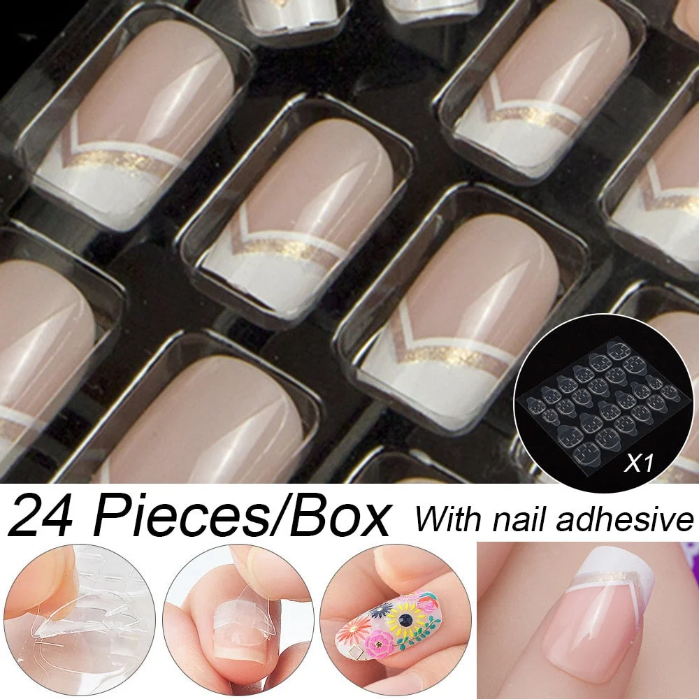 Fashion 24pc/set 10 Sizes Fake Nails Full Cover French False Nail Tips With Double-Sided Nail Adhesive Tab Press On Coffin Nail-Nail Inspo