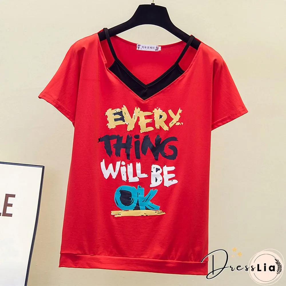 Print V- Neck T Shirt Women T-Shirt Cotton Summer Short Sleeve Woman Clothes Womens Tops Korean Style Tee Shirt Femme