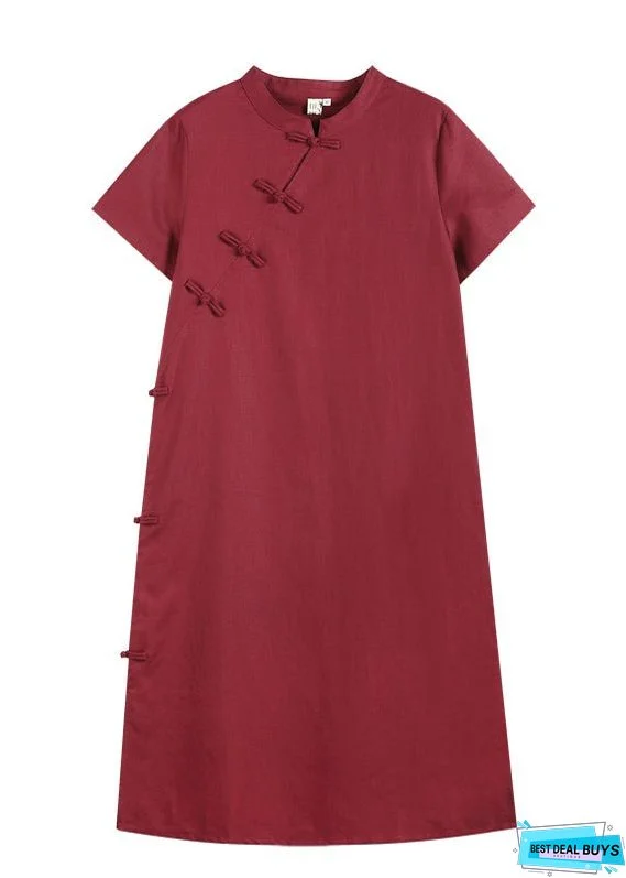 Women Mulberry Solid Mandarin Collar Oriental Button Side Open Cotton Linen Dresses Short Sleeve