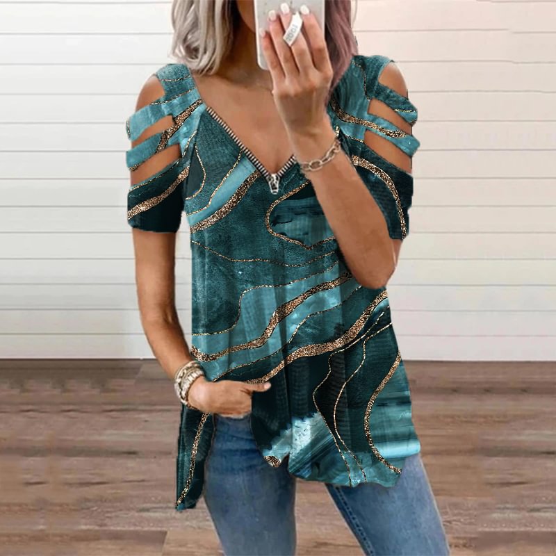 Women's Marble Print Women's Hollow Out Zipper T-shirt