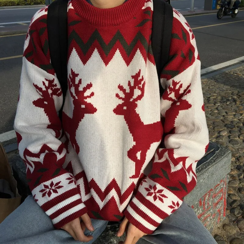 Reindeer Sweaters Women Christmas Sweater Couple Warm Oversize Knitwear Autumn Winter Loose Vintage Sweater Red Pull Femme 2021