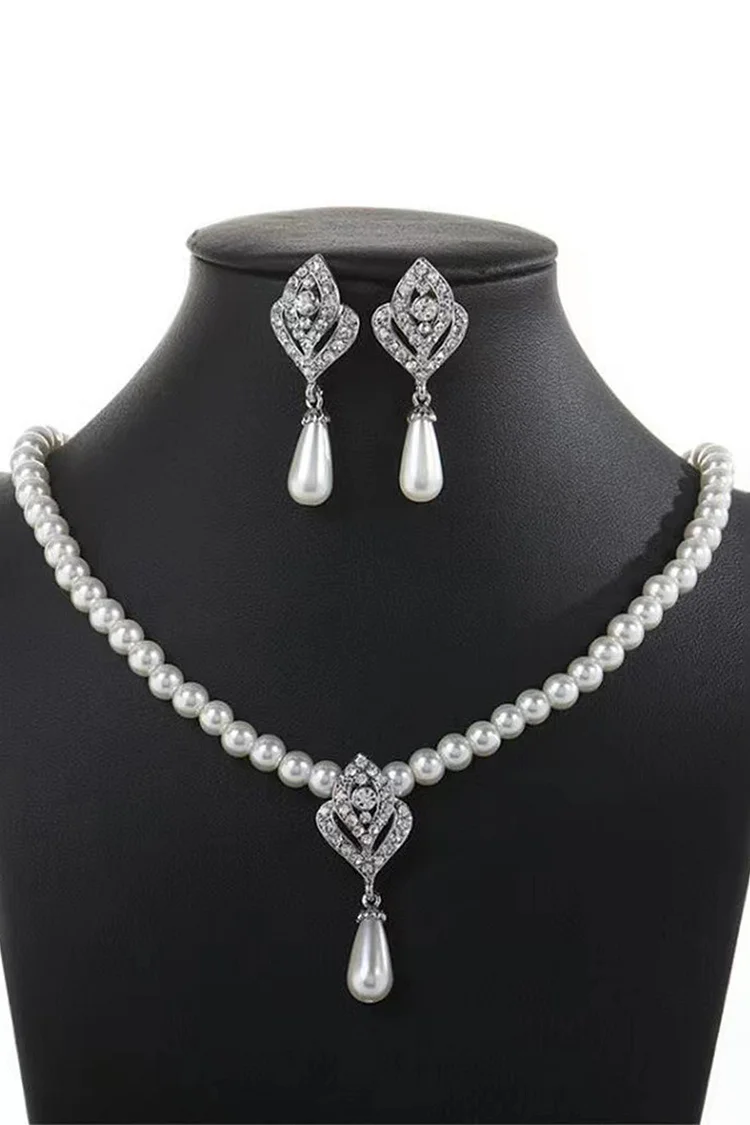 Wedding White Hollow Out Rhinestone Floral Shaped Pearl Two Piece Jewelry Set