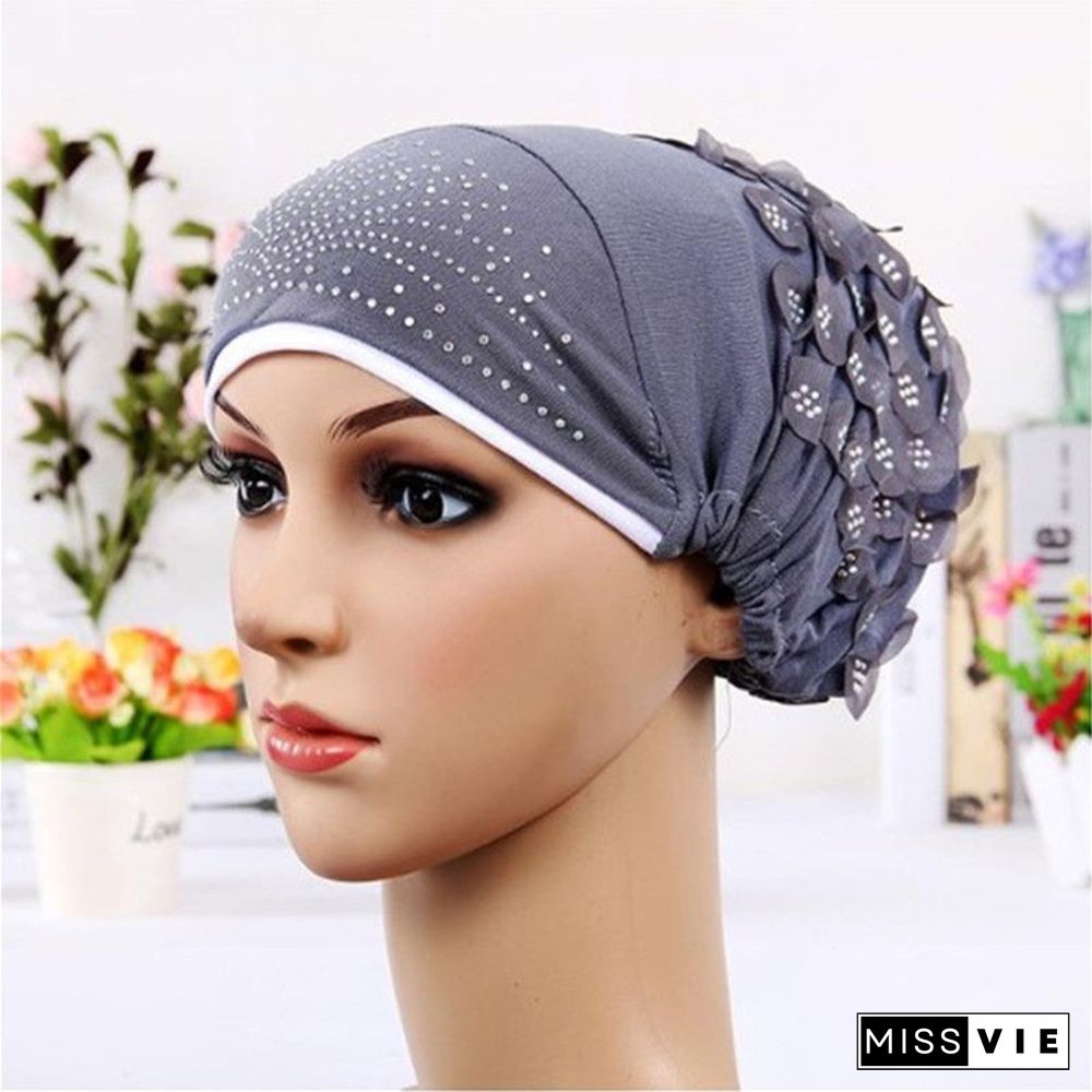 Women's Sequins Flowers Muslim Turban Hat Cap
