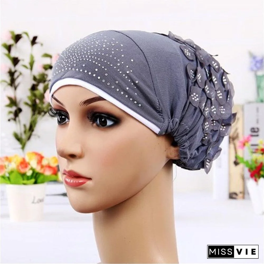 Women's Sequins Flowers Muslim Turban Hat Cap