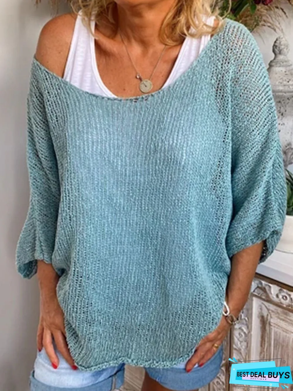 Casual Plus Size 3/4 Sleeve Knitting Shirt Tunic Top