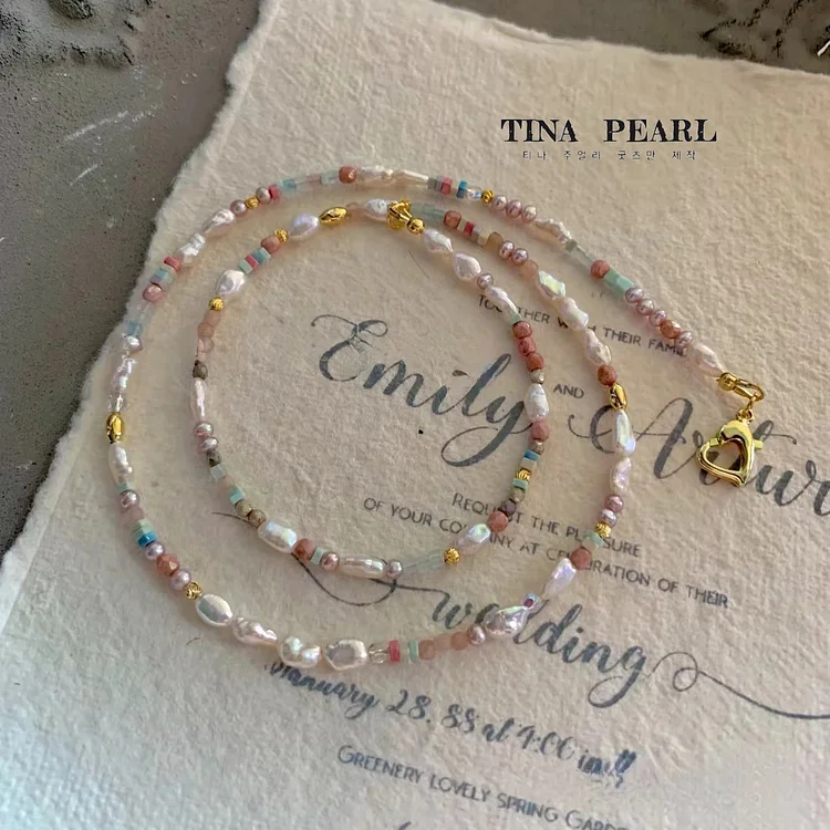 TINA Jewelry Pink pearls mixed with other materials necklace + bracelet set