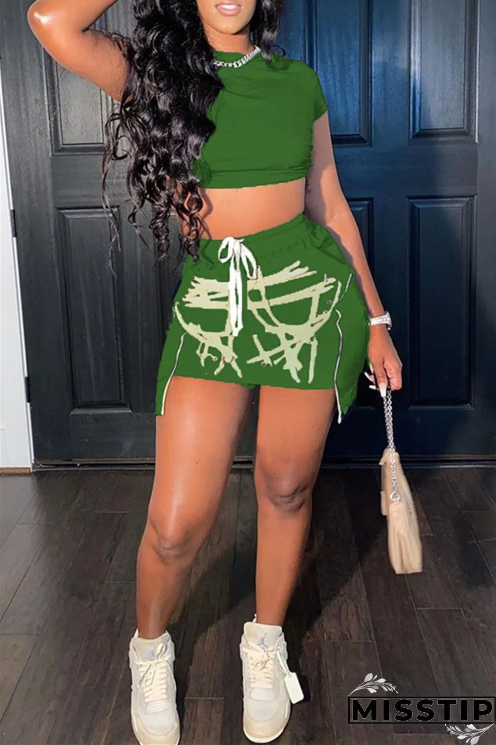 Green Fashion Sexy Print Asymmetrical O Neck Short Sleeve Two Pieces