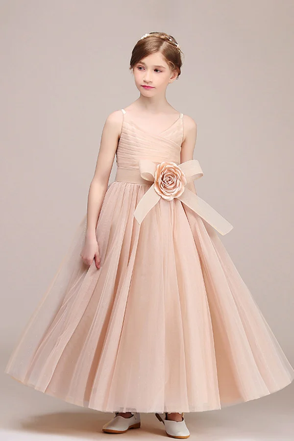 Hellodresses Sleeveless Spaghetti Strap Polyester Flower Girl Dress  with Handmade Flower 