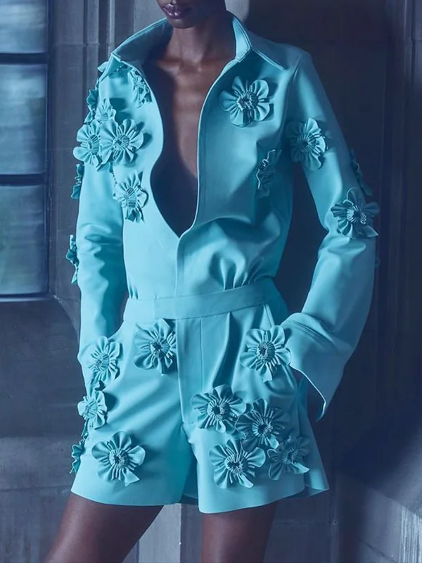Solid Color Three-Dimensional Flower High Waisted Long Sleeves Lapel Rompers