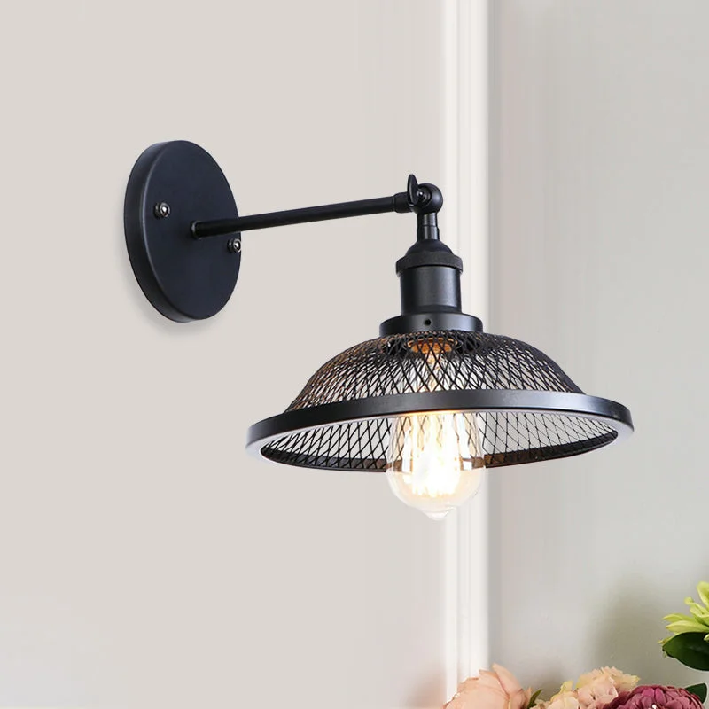 Flared Restaurant Sconce Fixture with Mesh Shade Retro Style Wrought Iron 1 Bulb Black/Rust Wall Lamp
