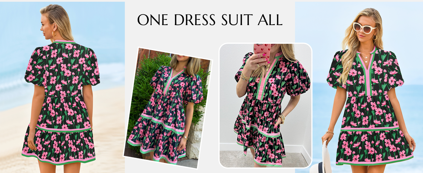 Cicy Bell Womens V Neck Floral Mini Dress Short Puff Sleeve Patchwork Summer Casual Boho Dresses