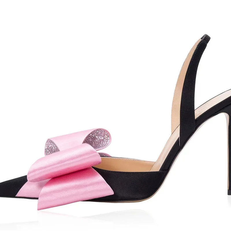 Yyvonne Yyvonne New Pointed Thin Heel Ultra High Heel Bow Rhinestone Head Large Size Hollow Rear Empty Sandals Woman