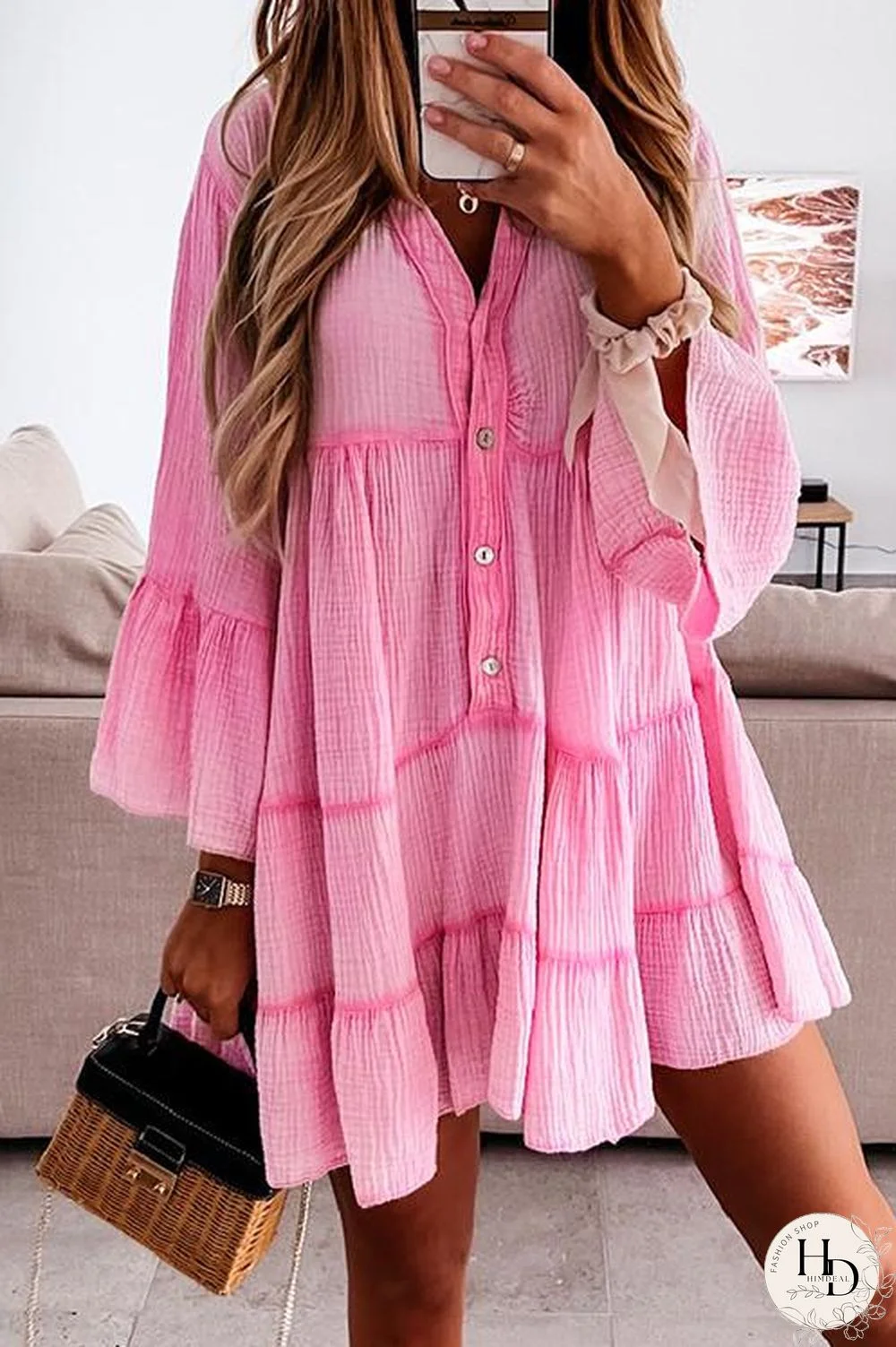 V Neck Bell Sleeve Ruffle Shirt Dress