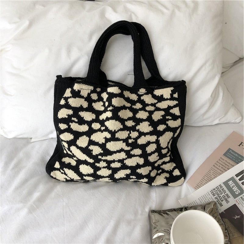 Female Contrast Color Plaid Knitted Shoulder Bags Vintage Big Capacity Tote Handbag For Women Ladies Underarm Travel Shopper Bag