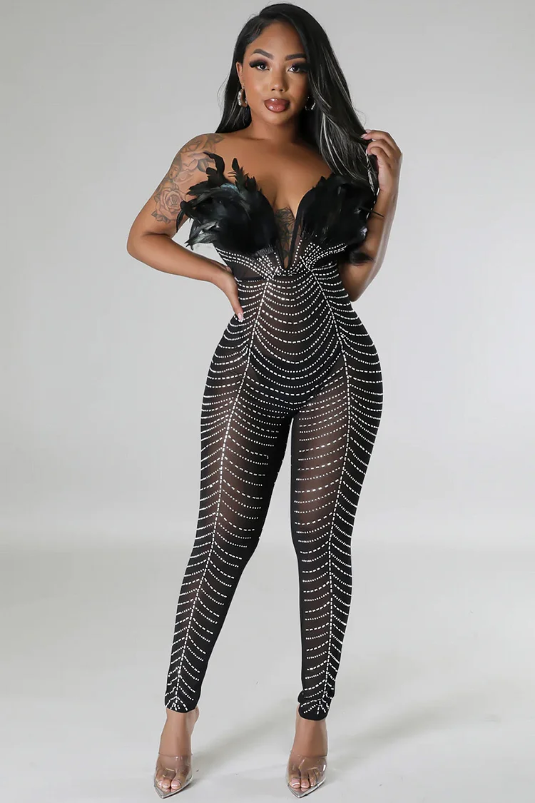 Sheer Mesh Rhinestone Embellished Feather Strapless Jumpsuit-Black