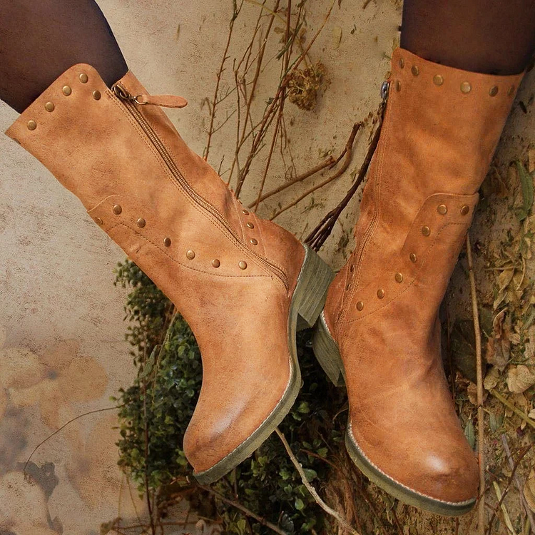 Women's Fashion Solid Color Metal Decorative Low Heel Boots -boots