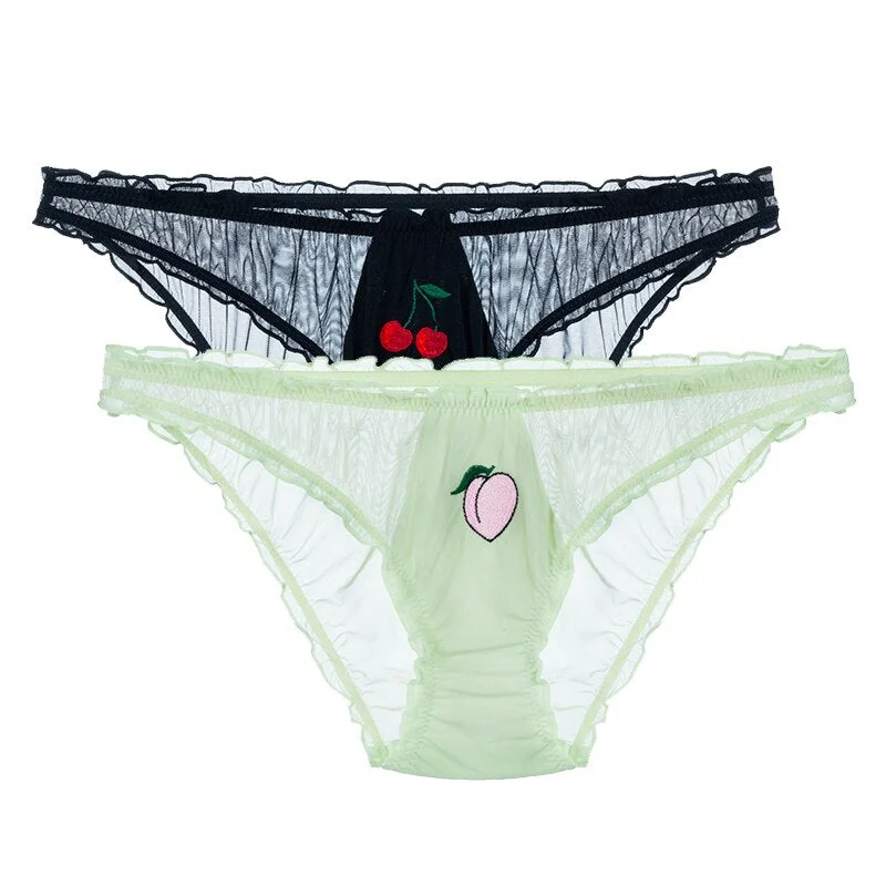 Women Sexy Lace Lingerie Temptation Low-waist Transparent Panties Fashion Female Fruit Embroidery Briefs Sweet Underwear 1/2PCS