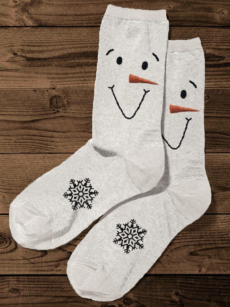 Comstylish Snowman Face & Snowflakes Embroidery Art Socks