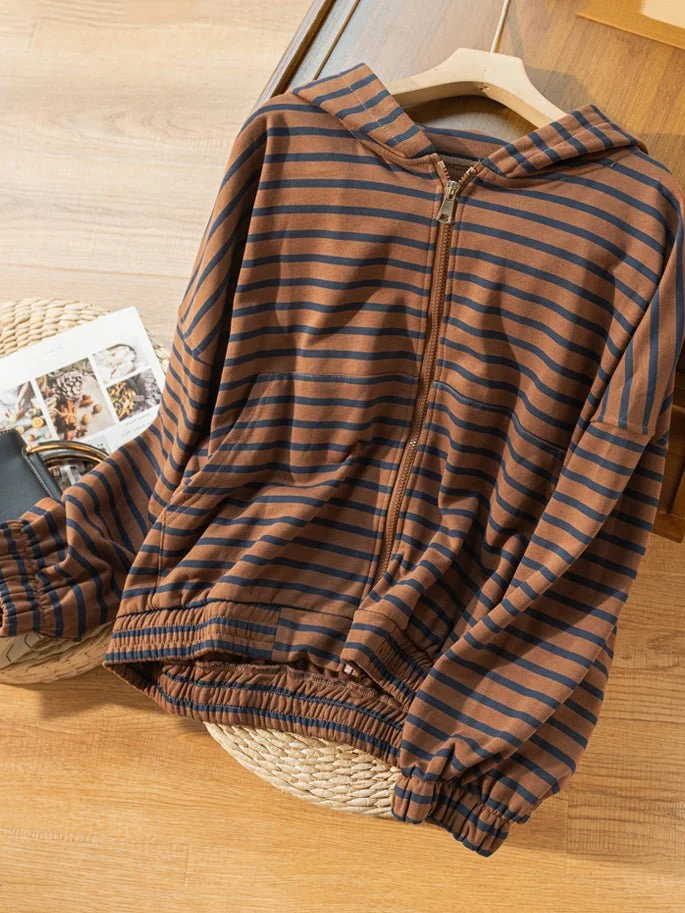 100% Natural Material Striped Zipper Literary Retro Hoodie Coat