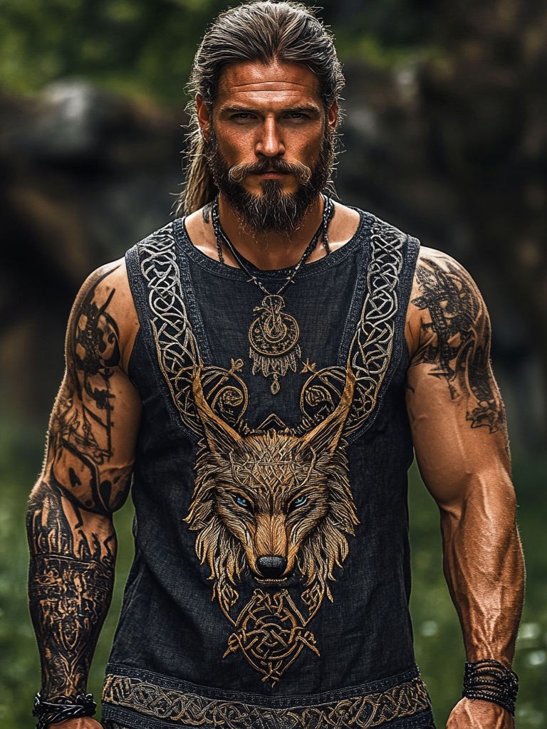 Men's Print Viking Wolf With Celtic Knot Art Pattern Tank Top / Rvogue / Rvogue