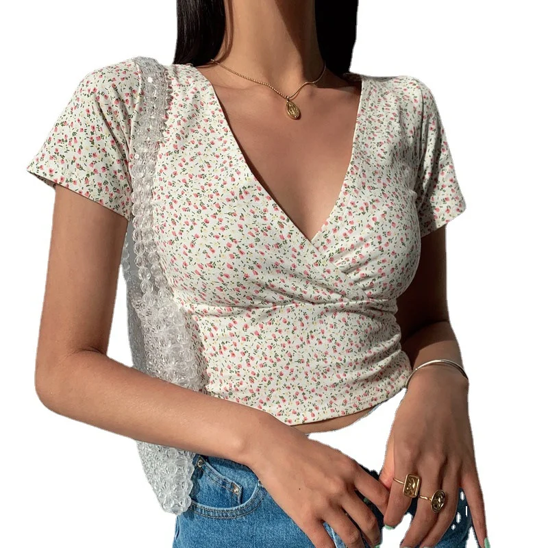 Uveng Uveng Floral Cross V-Neck Slim Short Crop Short-Sleeve T-Shirt Women's Top 2024 Summer New Fashion