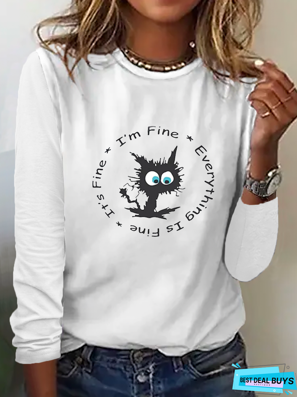 Casual Cat Printed Crew Neck T-Shirt