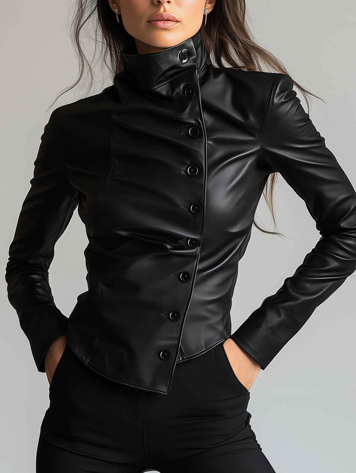 Ursime PU Leather High Neck Slant Button Long Sleeve Jacket